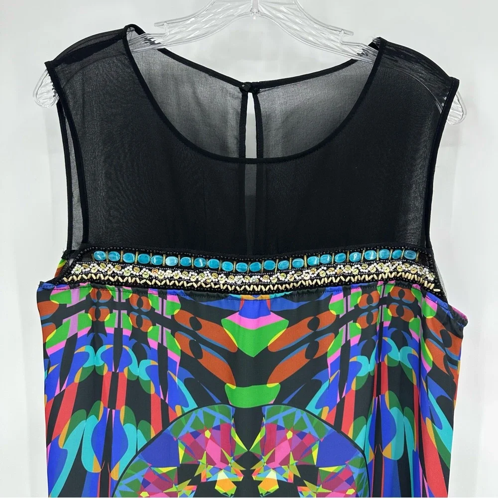 DESIGUAL Beaded Sheer Geometric Shift Dress Blue Pink Size 44 US M